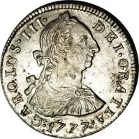 obverse of 2 Reales - Carlos III - Colonial Milled Coinage (1773 - 1789) coin with KM# 53 from Bolivia. Inscription: CAROLUS. III. DEI. GRATIA. 1774.