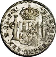 Bolivia coin 2 Reales - Carlos III - Colonial Milled Coinage (1773 - 1789) reverse reverse of 2 Reales - Carlos III - Colonial Milled Coinage (1773 - 1789) coin with KM# 53 from Bolivia. Inscription: .HISPAN. ET IND. REX. PTS. 2R. J.R.
