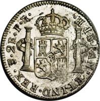 reverse of 2 Reales - Carlos III - Colonial Milled Coinage (1773 - 1789) coin with KM# 53 from Bolivia. Inscription: .HISPAN. ET IND. REX. PTS. 2R. J.R.