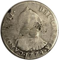 Bolivia coin 4 Reales - Carlos III - Colonial Milled Coinage (1773 - 1789) obverse obverse of 4 Reales - Carlos III - Colonial Milled Coinage (1773 - 1789) coin with KM# 54 from Bolivia. Inscription: CAROLUS · III DEI · GRATIA · 1782 ·