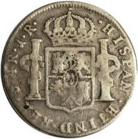 reverse of 4 Reales - Carlos III - Colonial Milled Coinage (1773 - 1789) coin with KM# 54 from Bolivia. Inscription: · HISPAN · ETIND · REX · 4R · P · R ·