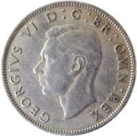 obverse of 2 Shillings - George VI - With IND:IMP (1947 - 1948) coin with KM# 865 from United Kingdom. Inscription: GEORGIVS VI D:G:BR:OMN:REX HP