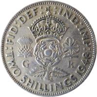 United Kingdom coin 2 Shillings - George VI - With IND:IMP (1947 - 1948) reverse reverse of 2 Shillings - George VI - With IND:IMP (1947 - 1948) coin with KM# 865 from United Kingdom. Inscription: :FID:DEF: :IND:IMP: G R K G TWO SHILLINGS 1947