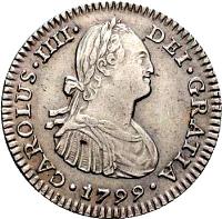 Bolivia coin 1 Real - Carlos IV - Colonial Milled Coinage (1791 - 1809) obverse obverse of 1 Real - Carlos IV - Colonial Milled Coinage (1791 - 1809) coin with KM# 70 from Bolivia. Inscription: CAROLUS · IIII · DEI · GRATIA · 1801