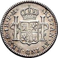 Bolivia coin 1 Real - Carlos IV - Colonial Milled Coinage (1791 - 1809) reverse reverse of 1 Real - Carlos IV - Colonial Milled Coinage (1791 - 1809) coin with KM# 70 from Bolivia. Inscription: HISPAN · ET · IND · REX · TPS · 1R · P · P