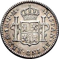 reverse of 1 Real - Carlos IV - Colonial Milled Coinage (1791 - 1809) coin with KM# 70 from Bolivia. Inscription: HISPAN · ET · IND · REX · TPS · 1R · P · P