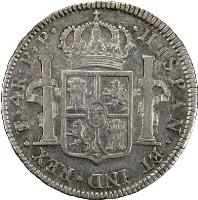 Bolivia coin 4 Reales - Carlos IV - Colonial Milled Coinage (1791 - 1809) reverse reverse of 4 Reales - Carlos IV - Colonial Milled Coinage (1791 - 1809) coin with KM# 72 from Bolivia. Inscription: HISPAN · ET · IND · REX ·