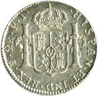 Bolivia coin 2 Reales - Carlos IV - Colonial Milled Coinage (1791 - 1808) reverse reverse of 2 Reales - Carlos IV - Colonial Milled Coinage (1791 - 1808) coin with KM# 71 from Bolivia. Inscription: HISPAN · ET IND · REX