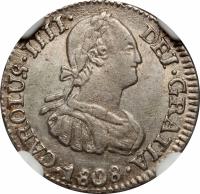 Bolivia coin 1/2 Real - Carlos IV (1791 - 1809) obverse obverse of 1/2 Real - Carlos IV (1791 - 1809) coin with KM# 69 from Bolivia. Inscription: CAROLUS IIII DEI GRATIA 1808