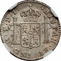 Bolivia coin 1/2 Real - Carlos IV (1791 - 1809) reverse reverse of 1/2 Real - Carlos IV (1791 - 1809) coin with KM# 69 from Bolivia. Inscription: .HISPAN. ET IND. R.PTS.P.I.