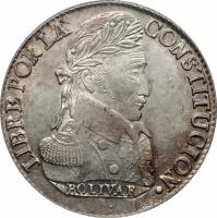 obverse of 8 Soles (1827 - 1840) coin with KM# 97 from Bolivia. Inscription: LIBRE POR LA CONSTITUCION BOLIVAR