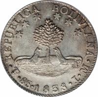 Bolivia coin 8 Soles (1827 - 1840) reverse reverse of 8 Soles (1827 - 1840) coin with KM# 97 from Bolivia. Inscription: REPUBLICA BOLIVIANA PTS.8S.1835.L.M