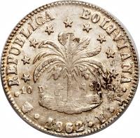 reverse of 8 Soles (1859 - 1863) coin with KM# 138 from Bolivia. Inscription: REPUBLICA BOLIVIANA 1861