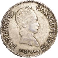 obverse of 8 Soles (1841 - 1846) coin with KM# 103 from Bolivia. Inscription: LIBRE POR LA CONSTITUCION BOLIVAR