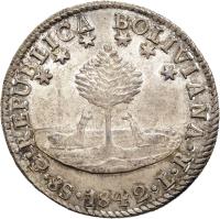 reverse of 8 Soles (1841 - 1846) coin with KM# 103 from Bolivia. Inscription: REPUBLICA BOLIVIANA · 8S · 1846 · L · R