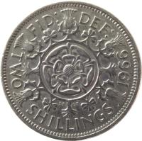 United Kingdom coin 2 Shillings - Elizabeth II - Without BRITT:OMN; 1'st Portrait (1954 - 1970) reverse reverse of 2 Shillings - Elizabeth II - Without BRITT:OMN; 1'st Portrait (1954 - 1970) coin with KM# 906 from United Kingdom. Inscription: FID: DEF: TWO SHILLINGS 1966 E · F C · T