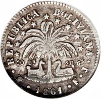 reverse of 2 Soles (1859 - 1863) coin with KM# 135 from Bolivia. Inscription: REPUBLICA BOLIVIANA 10 Ds 20 GS 1860 POTOSI F.J