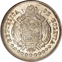 obverse of 10 Centavos - Type 1 legend LA UNION HACE LA FUERZA (1870 - 1872) coin with KM# 153 from Bolivia. Inscription: REPUBLICA DE BOLIVIA