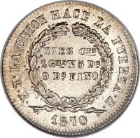 Bolivia coin 10 Centavos - Type 1 legend LA UNION HACE LA FUERZA (1870 - 1872) reverse reverse of 10 Centavos - Type 1 legend LA UNION HACE LA FUERZA (1870 - 1872) coin with KM# 153 from Bolivia. Inscription: LA UNION HACE LA FUERZA E.R 1871 DIEZ CENT 9 DS FINO