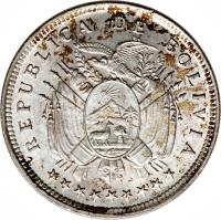 obverse of 20 Centavos (1909) coin with KM# 176 from Bolivia.