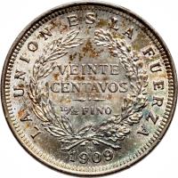reverse of 20 Centavos (1909) coin with KM# 176 from Bolivia.