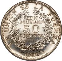 reverse of 1/2 Boliviano / 50 Centavos (1909) coin with KM# 177 from Bolivia.