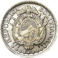 obverse of 5 Centavos (1883) coin with KM# 169 from Bolivia. Inscription: REPUBLICA BOLIVIANA