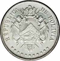 obverse of 1 Boliviano (1870 - 1872) coin with KM# 155 from Bolivia. Inscription: REPUBLICA DE BOLIVIA