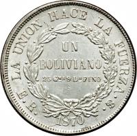 reverse of 1 Boliviano (1870 - 1872) coin with KM# 155 from Bolivia. Inscription: LA UNION HACE LA FUERZA UN BOLIVIANO 25 Gms 9 Ds FINO F.E. 1872 .PTS.