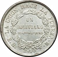 Bolivia coin 1 Boliviano (1870 - 1872) reverse reverse of 1 Boliviano (1870 - 1872) coin with KM# 155 from Bolivia. Inscription: LA UNION HACE LA FUERZA UN BOLIVIANO 25 Gms 9 Ds FINO F.E. 1872 .PTS.