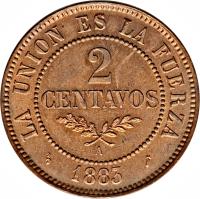 reverse of 2 Centavos (1883) coin with KM# 168 from Bolivia. Inscription: LA UNION ES LA FUERZA 2 CENTAVOS 1883