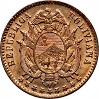 obverse of 1 Centavo (1883) coin with KM# 167 from Bolivia. Inscription: REPUBLICA BOLIVIANA *********