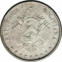 obverse of 1 Boliviano (1872 - 1893) coin with KM# 160 from Bolivia. Inscription: REPUBLICA BOLIVIANA