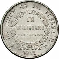 reverse of 1 Boliviano (1872 - 1893) coin with KM# 160 from Bolivia. Inscription: LA UNION ES LA FUERZA UN BOLIVIANO 1873