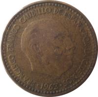 obverse of 1 Peseta - Francisco Franco - 1'st Portrait (1946 - 1963) coin with KM# 775 from Spain. Inscription: FRANCISCO FRANCO CAUDILLO DE ESPAÑA POR LA G.DE DIOS 1963