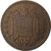 Spain coin 1 Peseta - Francisco Franco - 1'st Portrait (1946 - 1963) reverse reverse of 1 Peseta - Francisco Franco - 1'st Portrait (1946 - 1963) coin with KM# 775 from Spain. Inscription: UNA PESETA UNA GRANDE LIBRE PLUS ULTRA 19 65