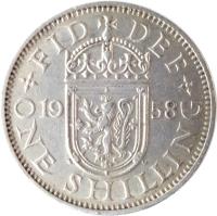 United Kingdom coin 1 Shilling - Elizabeth II - Scottish crest; Without BRITT:OMN; 1'st Portrait (1954 - 1970) reverse reverse of 1 Shilling - Elizabeth II - Scottish crest; Without BRITT:OMN; 1'st Portrait (1954 - 1970) coin with KM# 905 from United Kingdom. Inscription: FID DEF 19 57 W G ONE SHILLING