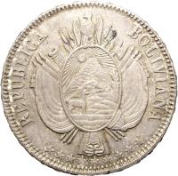 obverse of 1 Boliviano (1864 - 1869) coin with KM# 152 from Bolivia. Inscription: REPUBLICA BOLIVIANA