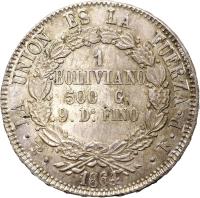 reverse of 1 Boliviano (1864 - 1869) coin with KM# 152 from Bolivia. Inscription: LA UNION ES LA FUERZA 1 BOLIVIANO 500.G: 9.D:FINO