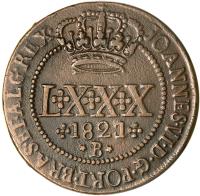 obverse of 80 Réis - João VI (1820 - 1823) coin with KM# 342 from Brazil. Inscription: JOANNES VI DG PORT BRAS ET ALG REX LXXX B