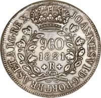 Brazil coin 960 Réis - João VI (1818 - 1920) obverse obverse of 960 Réis - João VI (1818 - 1920) coin with KM# 326 from Brazil. Inscription: JOANNES VI D G PORT BRAS ET ALG REX 960 1821 R