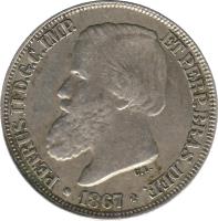 obverse of 200 Réis - Pedro II (1867 - 1869) coin with KM# 471 from Brazil. Inscription: PETRUS II D.G.C.IMP. ET PERP.BRAS.DEF. C.L. 1867