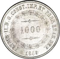 obverse of 1000 Réis - Pedro II (1849 - 1852) coin with KM# 459 from Brazil.