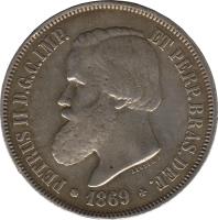 obverse of 2000 Réis - Pedro II (1868 - 1869) coin with KM# 475 from Brazil. Inscription: PETRUS II D.G.C.IMP. ET PERP.BRAS.DEF. 1869
