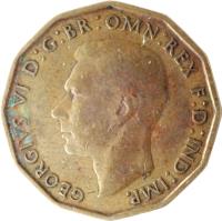 obverse of 3 Pence - George VI - With IND:IMP (1937 - 1948) coin with KM# 849 from United Kingdom. Inscription: GEORGIVS VI D:G:BR:OMN:REX F:D:IND:IMP.