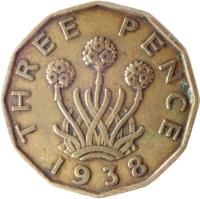 reverse of 3 Pence - George VI - With IND:IMP (1937 - 1948) coin with KM# 849 from United Kingdom. Inscription: THREE PENCE 1941