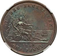 obverse of 1 Penny / 2 Sous - Quebec Bank Token (1852) coin with BR# 528 from Canadian provinces. Inscription: QUEBEC BANK TOKEN 1852 ONE PENNY