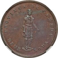 Canadian provinces coin 1 Penny / 2 Sous - Quebec Bank Token (1852) reverse reverse of 1 Penny / 2 Sous - Quebec Bank Token (1852) coin with BR# 528 from Canadian provinces. Inscription: PROVINCE DU CANADA DEUX SOUS
