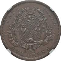 Canadian provinces coin 1 Penny - MontReal Concordia Salus Bank Token; BANQUE DU PEUPLE (1837) obverse obverse of 1 Penny - MontReal Concordia Salus Bank Token; BANQUE DU PEUPLE (1837) coin with BR# 521 from Canadian provinces. Inscription: BANK TOKEN CONCORDIA SALUS BANQUE DU PEUPLE 1837 ONE PENNY.