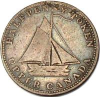 Canadian provinces coin 1/2 Penny - Commercial Change Token (1820) obverse obverse of 1/2 Penny - Commercial Change Token (1820) coin with BR# 727 from Canadian provinces. Inscription: HALFPENNY TOKEN UPPER CANADA